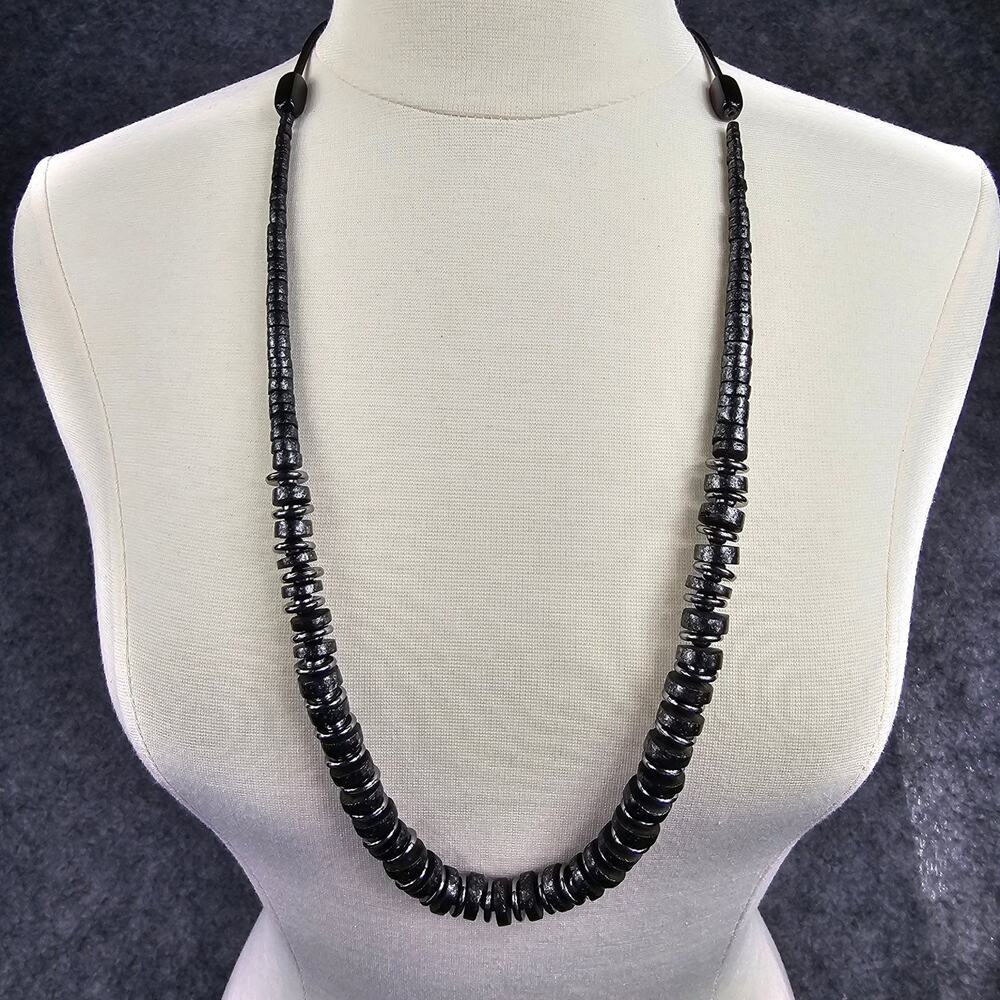Graduated Disc Beaded Necklace 34.5"-37.5" Adjustable Black Wood Silver Tone